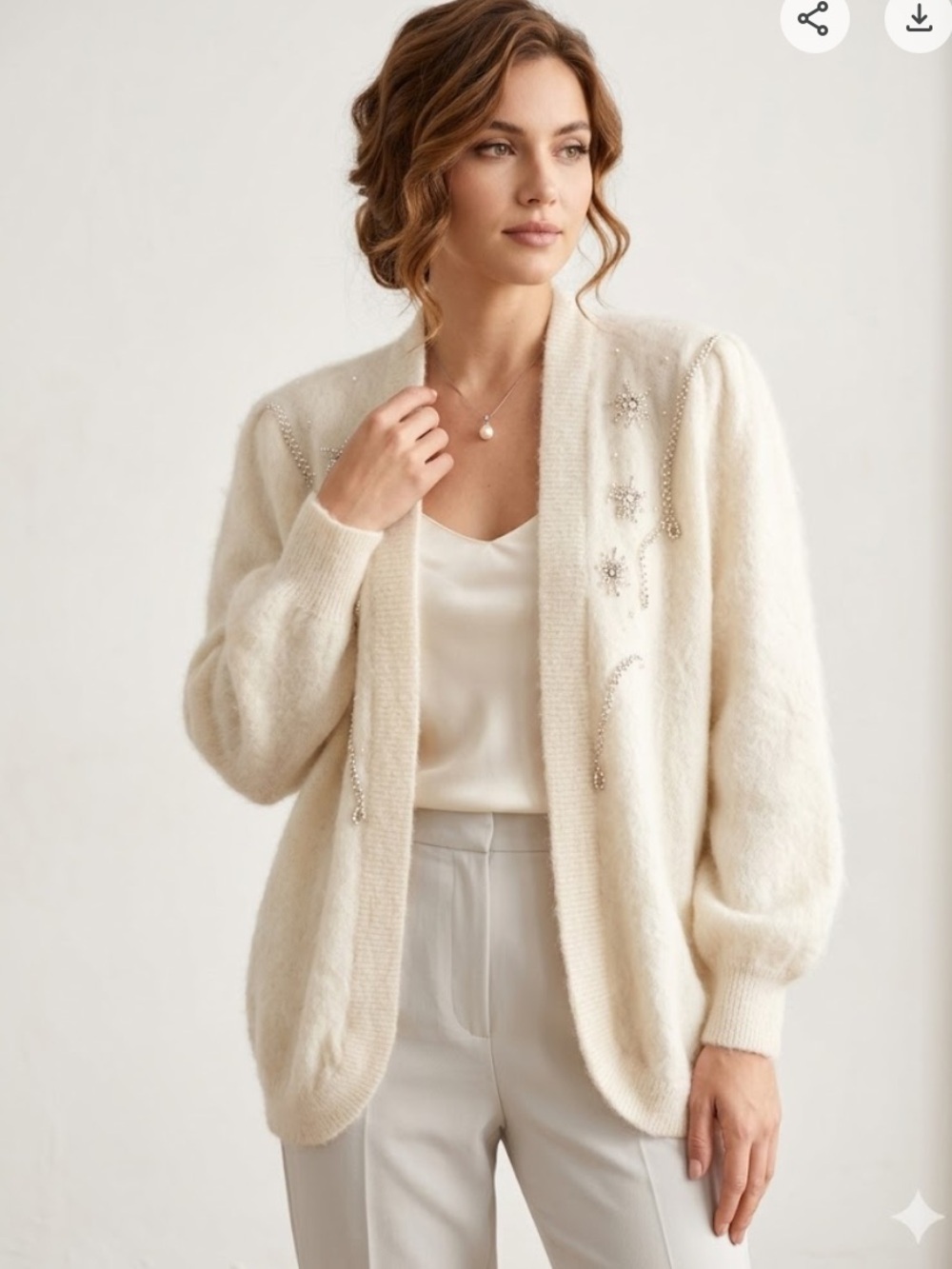 80% wool angora rabbit hair Embellished Ivory Teddy Cardigan Jacket 887